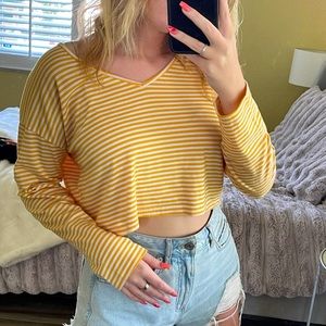 ROMWE Yellow Striped Long Sleeve Crop